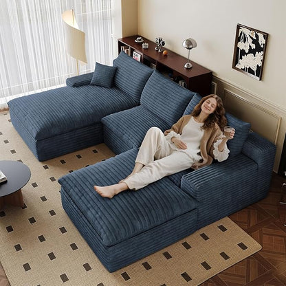 107" Cloud Sectional Couch U-Shaped Chaise with Ottoman, Corduroy Boneless Couch for Living Room Bedroom, Deep-Seat Upholstered Modular Cloud Sofa, No Assembly Required (Blue, Left Facing Chaise)