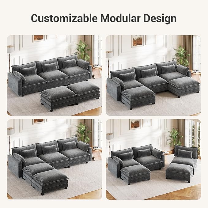 Pipishell Sectional Couches for Living Room, 110.6" U-Shaped Modular Sectional Sofa, 5-Seat Chenille Deep Seat Cloud Couch with 2 Movable Ottomans & Throw Pillows, Grey