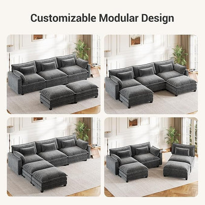 Pipishell Sectional Couches for Living Room, 110.6" U-Shaped Modular Sectional Sofa, 5-Seat Chenille Deep Seat Cloud Couch with 2 Movable Ottomans & Throw Pillows, Grey