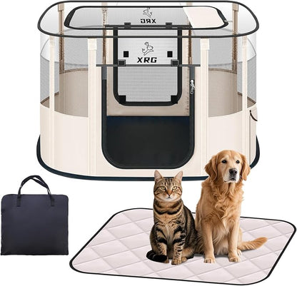 XRG Foldable Dog Playpen with pad，Indoor Cat Kennel L(35.4"x27.6"x23.6") | Portable Dog Crates with Upgrade Breathable Mesh，Sturdy Cat cage Indoor & Outdoor for Rabbit or Small Animals,Beige