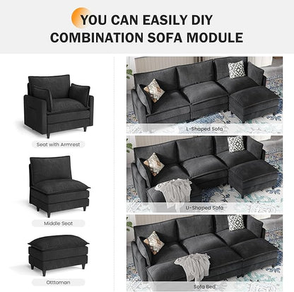 Apicizon 108" Cloud Couch Sectional, L Shaped Cloud Sofa with Side Storage Pocket, Modern Corduroy Sofa Set for Living Room, Office, Black