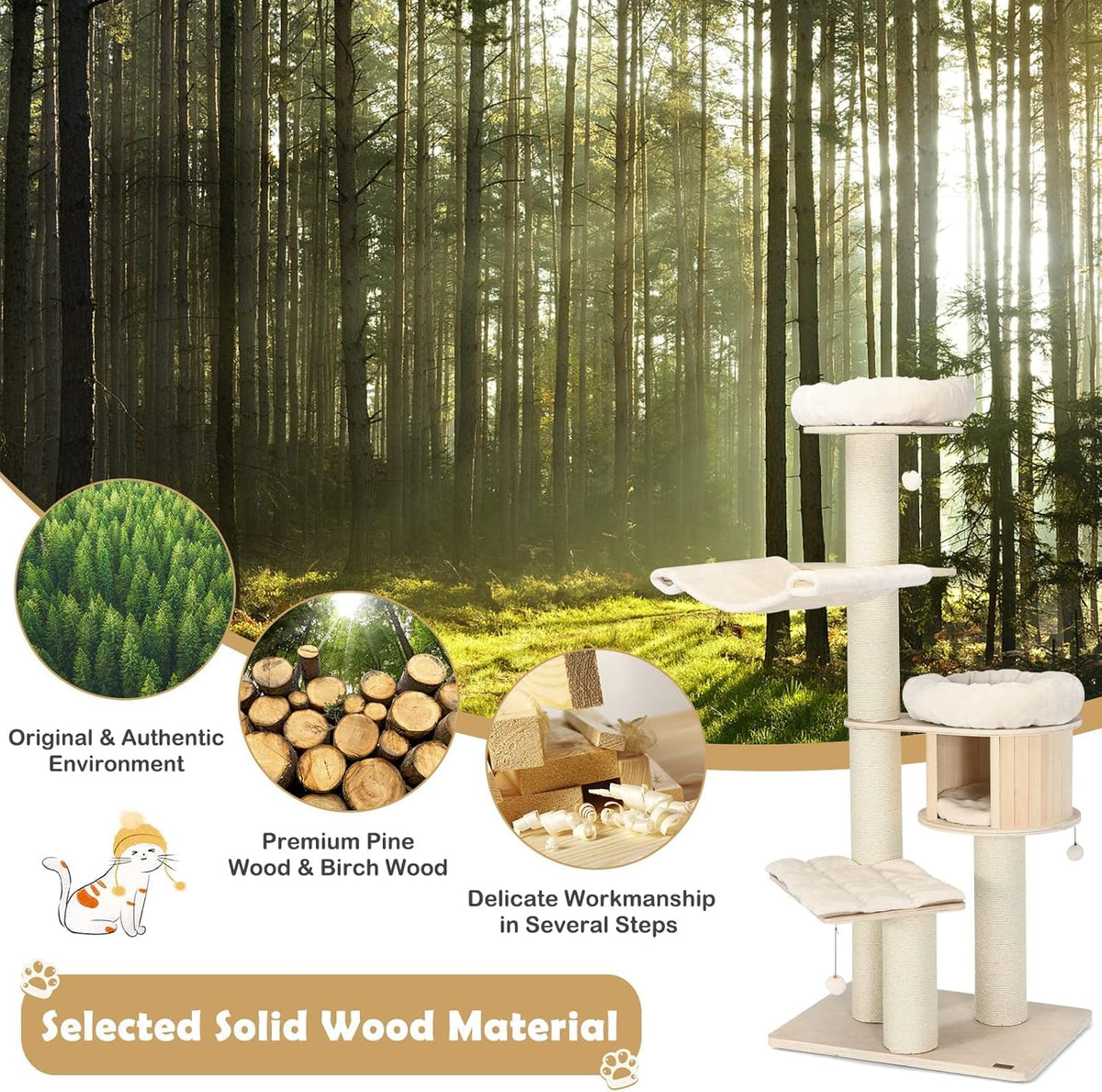 Tangkula Modern Cat Tree, Multi-Level Large Cat Tower with Condo, Hammocks & Hanging Basket, Tall Cat Tree with Sisal Posts, Washable Cushions, Wood Cat Trees and Towers for Indoor Large Cats