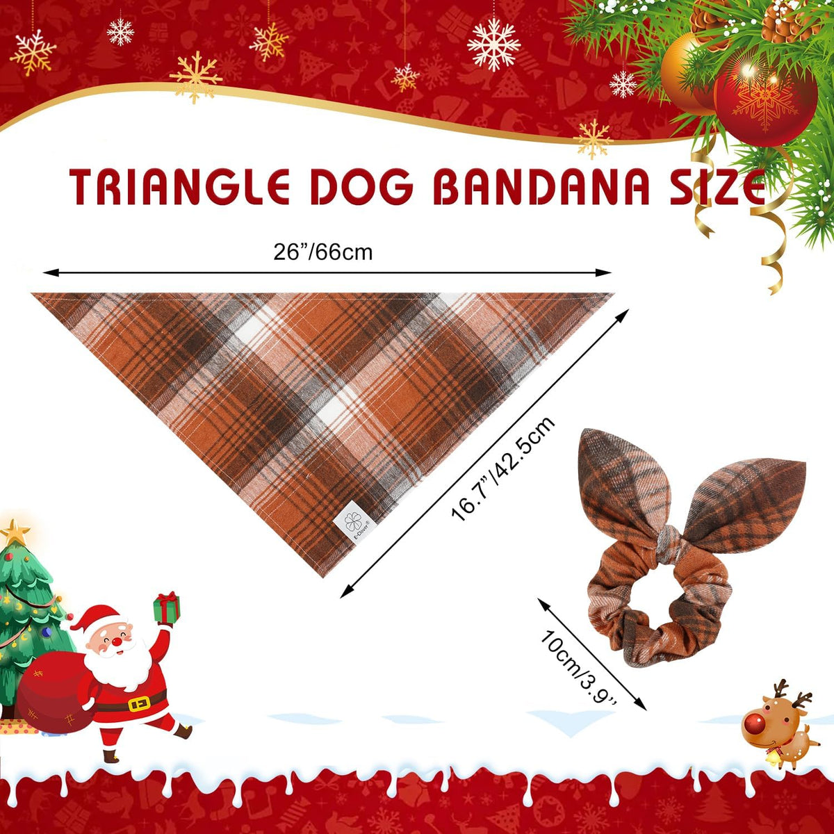 E-Clover Brown Plaid Dog Bandana & Matching Scrunchie-Fall Dog Bandana Triangle Plaid Pet Scarf Bib for Small Dogs Puppy Girl Boy Owner Gift