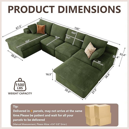 136" Cloud Modular Sectional Sofa with 1 Ottoman, Modern Upholstered Corduroy Couches, Comfort U Shaped Sofa for Living Room, Deep Seat Boneless Couch, No Assembly Required(Green,Left Facing Chaise)