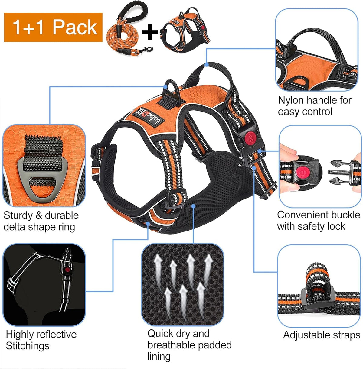 No Pull Dog Harness Adjustable Reflective Oxford Easy Control Medium Large Dog Harness with A Free Heavy Duty 5ft Dog Leash (M (Chest: 22"-26"), Orange Harness+Leash)