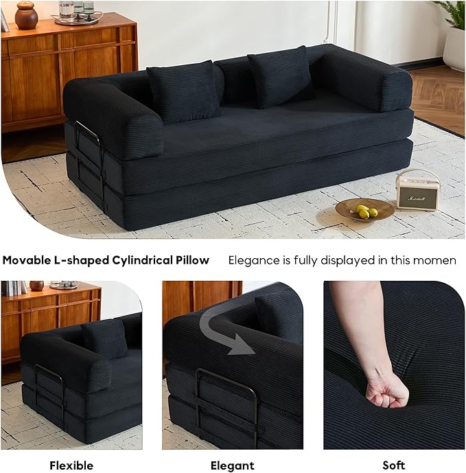 Convertible Sleeper Sofa Bed with Fixed-Shape Frame, Corduroy Folding Boneless Couch with Cylindrical Pillow, Comfy Floor Sofa Couch for Living Room, No Assembly Required, Black