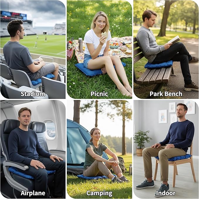 EULANT Inflatable Seat Cushion Lightweight Compact Stadium Seat Pad Camping Travel Air Seat Cushion for Airplane Hiking Bleachers Office Home Sports Events(Blue)