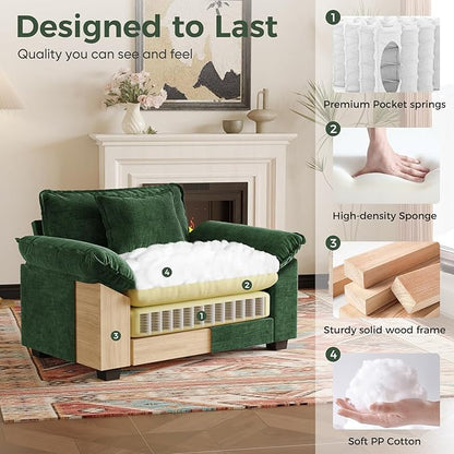 HUSFU 49.5'' W Oversized Accent Chair, Chenille Cloud Sofa Chair with Deep Seat and Extra Wide Armrests, Comfy Reading Armchair for Bedroom, Living Room, Set of 2, Green