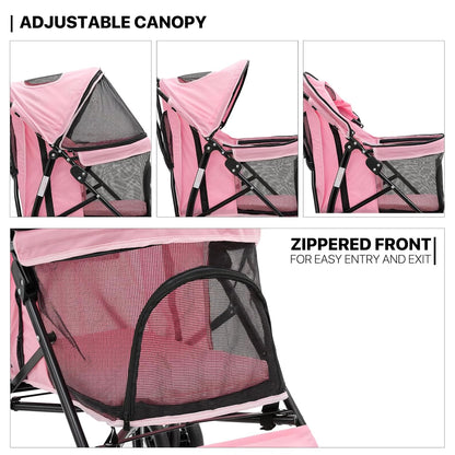 MoNiBloom 4 Wheels Pet Stroller, Easy-Fold Puppy Cage Jogger Stroller with Sun Cover, Pad and Rear Storage Bag, Breathable and Visible Mesh for Small/Medium Pets up to 22 lbs, Pink