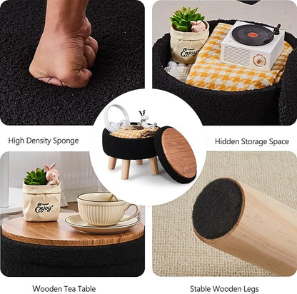 Wimarsbon Storage Ottoman, Modern Round Footrest with Soft Padded Seat, Teddy Velvet Footstool with Wood Legs, Accent Small Table or Plant Stand for Hallway, Living Room (Black)