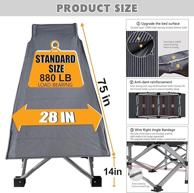 ABORON Camping Cot for Adult 28" Extra Wide, 2PK Heavy-Duty 1200D Oxford Cot for Sleeping, Portable Folding Camp Bed with Mat & Carry Bag
