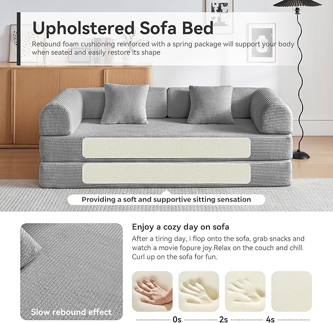 Convertible Sleeper Sofa Bed, Sleeper Sofa with Pillow | Corduroy Fabric | High-Density Sponge | Fixed-Shape Frame, Modular Sofa Bed for Living Room Lounge Studio (Light Grey)