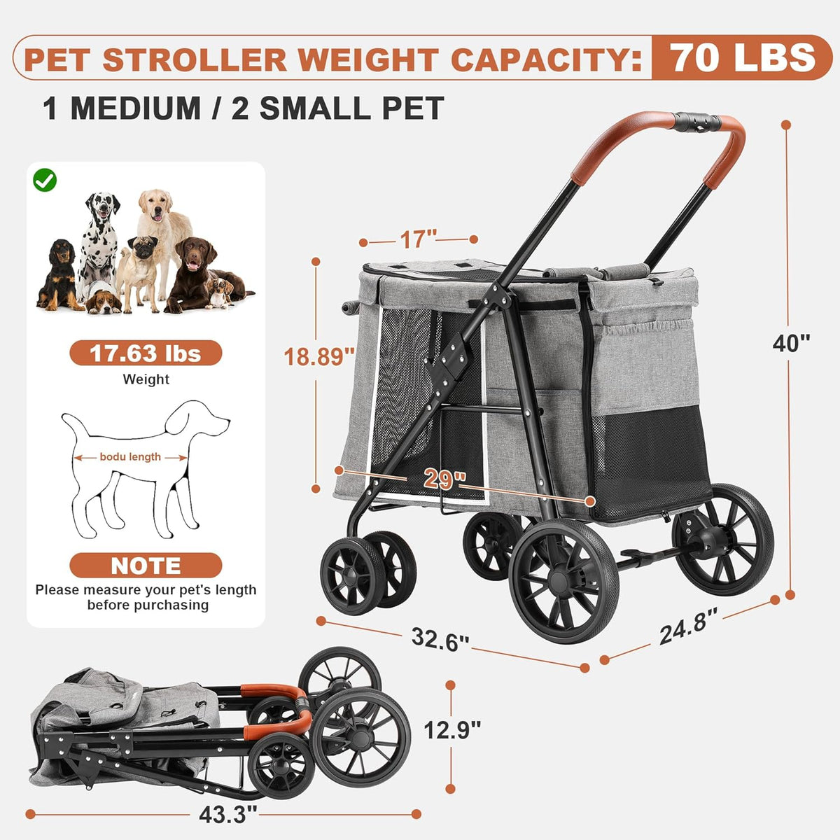 Medium Dog Stroller, Dual Entry One-Touch Folding,Small and Medium Pet Stroller,360° Rotating Front Wheels,70 lbs Weight Capacity for Outdoor Travel and Elderly Dogs - Gray