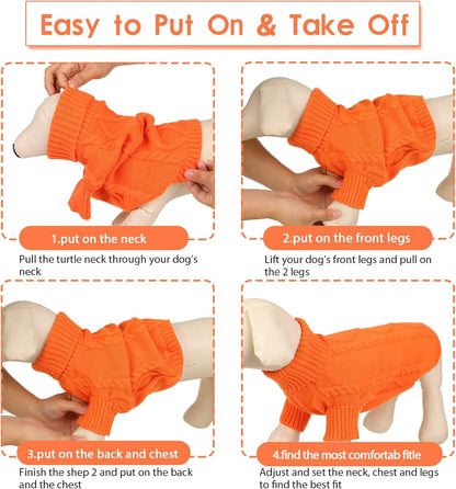 Queenmore Small Dog Pullover Sweater, Cold Weather Cable Knitwear, Classic Turtleneck Thick Warm Clothes for Chihuahua, Bulldog, Dachshund, Pug (Orange, Small)