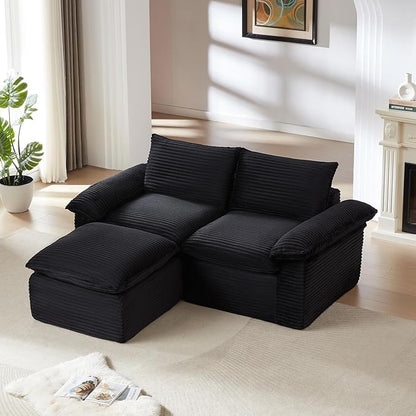 80" Cloud Sectional Couch with L-Shaped Chaise, Corduroy Sectional Sofa with Ottoman, Boneless Couch with Deep Seat in a Box for Living Room, No Assembly Required (Black)