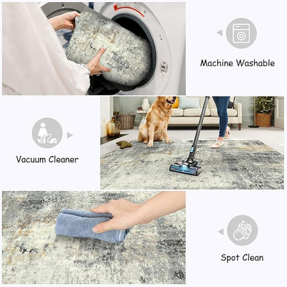 Lahome Modern Abstract 9x12 Area Rugs for Living Room, Washable Living Room Rug for Bedroom Low Pile Non Slip, Grey Soft Indoor Accent Carpet for Dining Room Table Apartment