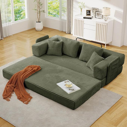 Antetek Convertible Sofa Bed, Comfy Corduroy Fluffy Love seat Sleeper Sofa, 5 in 1 Folding Couch Bed, Fold Out Floor Couch with Pillows for Bedroom, Living Room, Office, Wide Stripes, Green