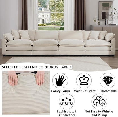 Aoowow Corduroy 4 Seater Sofa Couch,Modern Large Cloud Couches for Living Room,Tufted Modular Sectional Cloud Sofas with Deep Seat,Oversized 4 Seat Sofa Set (Beige, 4 Seater)
