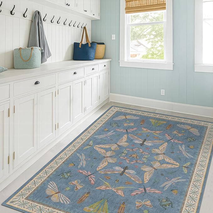 Washable 4x6 Small Rug for Living Room, Area Rug for Kitchen, Bedside, Large Entryway Indoor - Stain Resistant Non Slip with Rubber Backing, Insect Print Aethestic Décor, Light Blue & Aqua