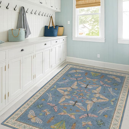 Washable 4x6 Small Rug for Living Room, Area Rug for Kitchen, Bedside, Large Entryway Indoor - Stain Resistant Non Slip with Rubber Backing, Insect Print Aethestic Décor, Light Blue & Aqua