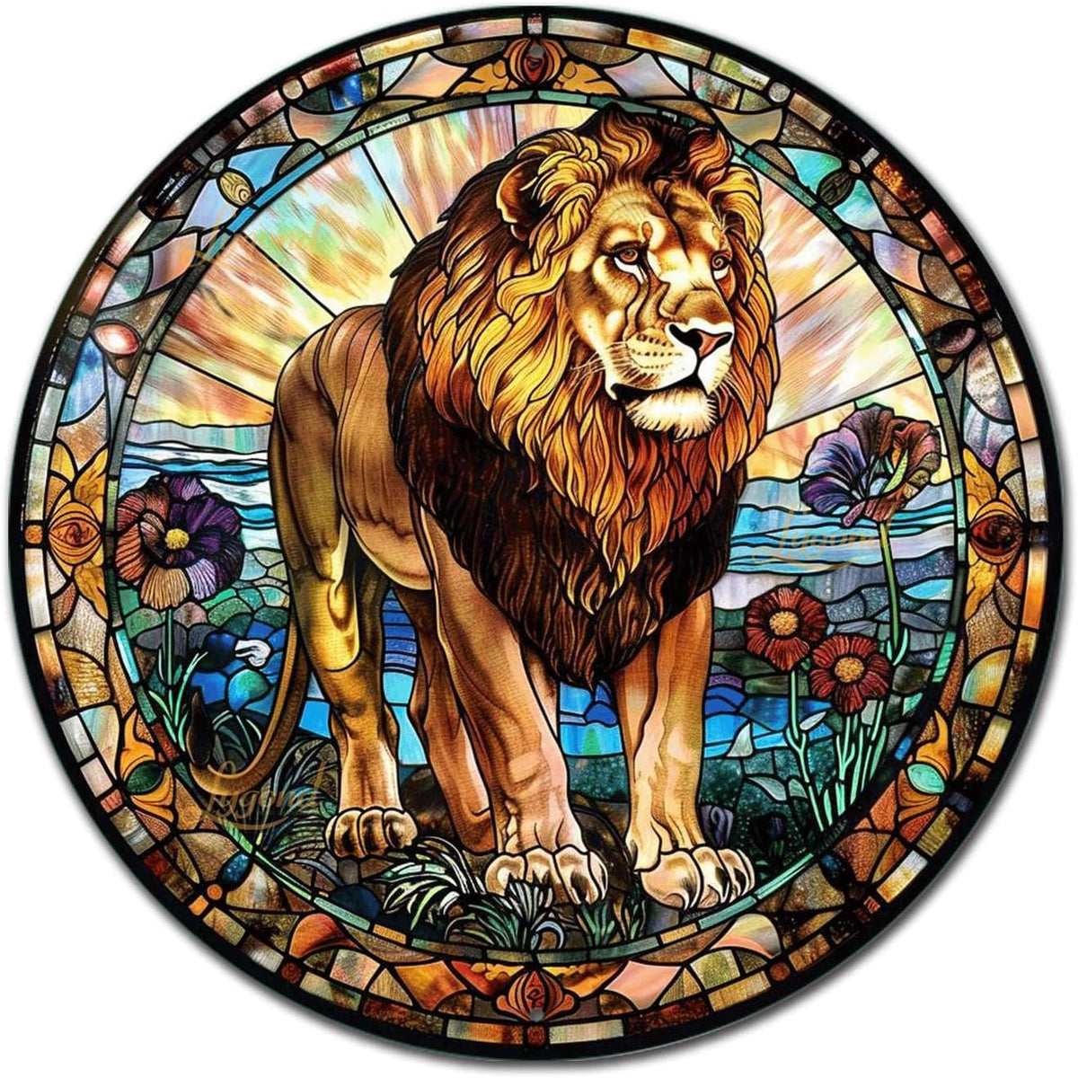 Lygond Metal Sign Tin Sign Circular Stained Glass Lion Vintage Decor for Garden 8×8 Inches