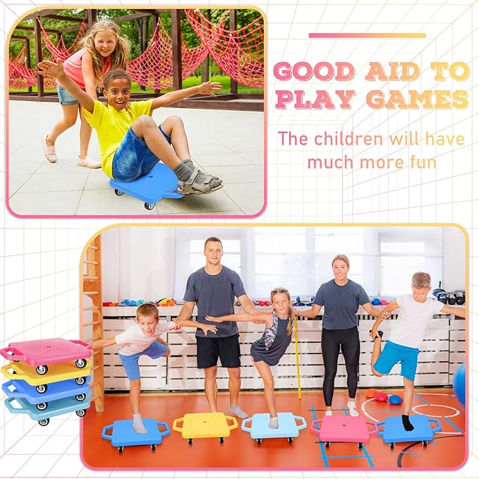 Jerify 4 Pieces Sports Scooter Board with Handles Plastic Casters Floor Sitting Scooter Boards for Kids Children Gym Indoor Outdoor Activities Play Equipment, 11.22 x 11.22 inch