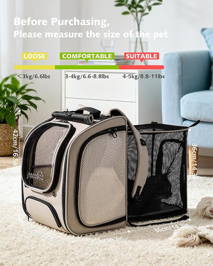 Pecute Cat Backpack Carrier,Large Space Cat Bubble Backpack,Ergonomic,Khaki | Expandable,Sunshade Curtain,Transparent Window,Safety Rope,Sturdy,Large Mesh on Both Sides for Breathability,for Outdoor,Vet