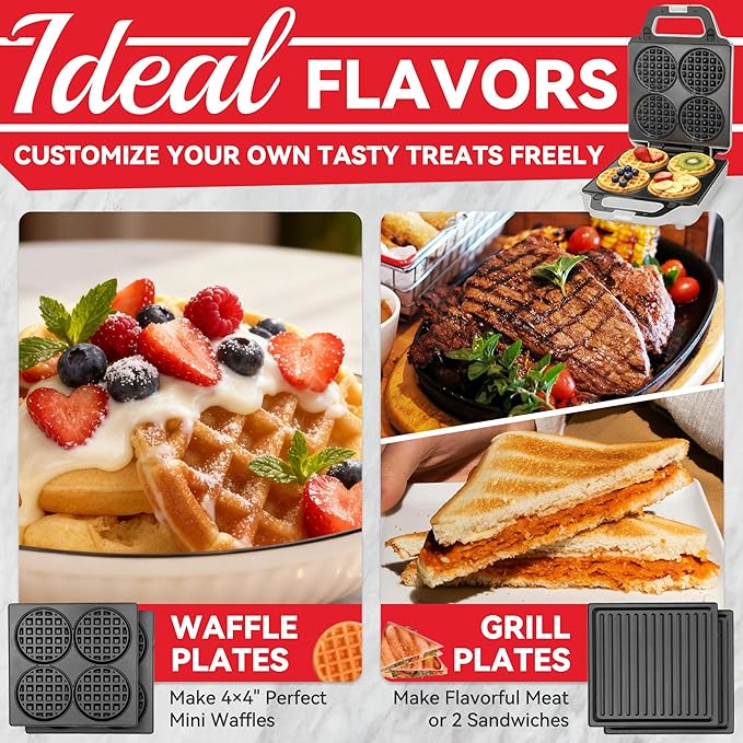 2 in 1 Mini Waffle Maker with Removable Plates, Panini Press Sandwich Maker