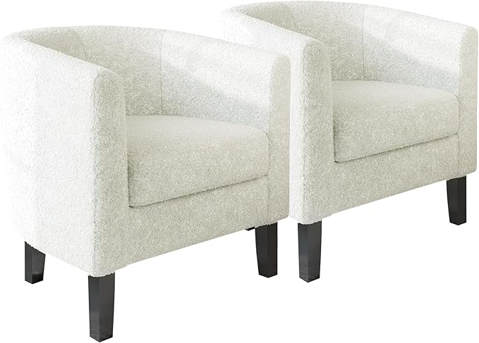 BELLEZE Accent Barrel Chair Set of 2, Linen Round Chair Club Tub Sofa Corner Chair with Flared Legs and Cozy Soft Padding for Living Room Bedroom Waiting Room - Teddy White