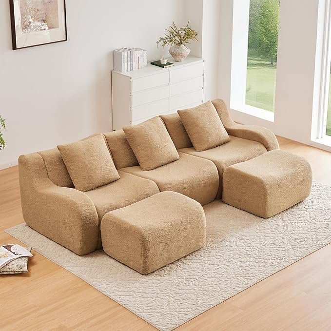 Camel U-Shaped Cloud Couch with 2 Ottomans, Modern Teddy Fabric Boneless Sectional Sofa in a Box for Living Room, Modular Floor Couch, Deep Seat, No Assembly Required, Sofas para Sala