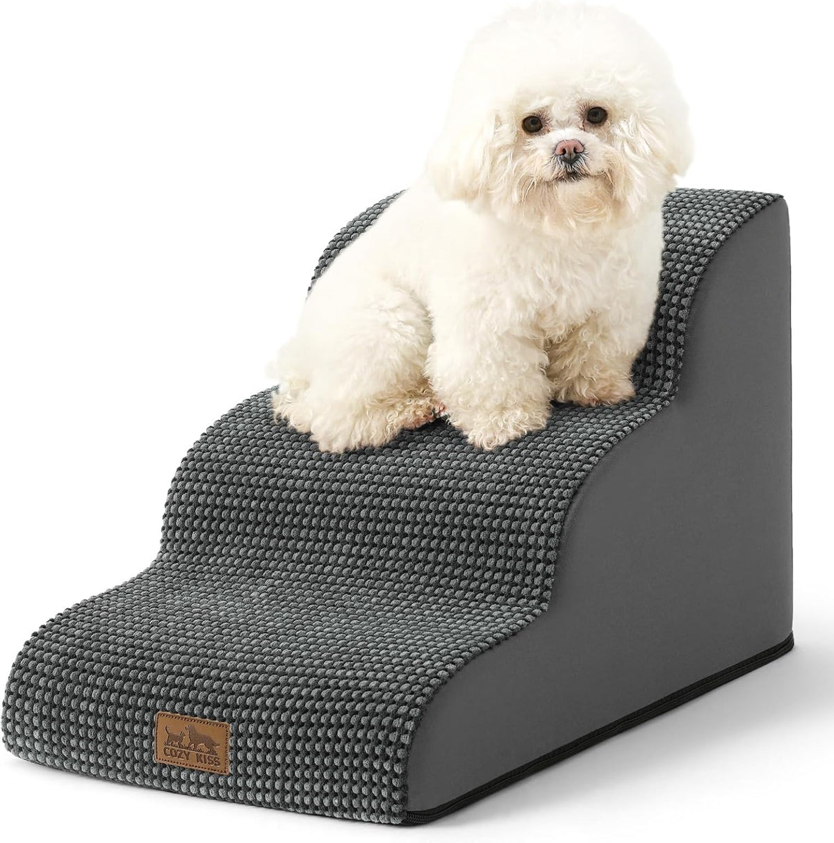Dog Stairs for Small Dogs 15.7" H, Curved Dog Step for Puppy, Older Cat, Medium Pet Ramp for Sofa, Couch or Chair, Ladder with High Density Foam, 15.7x22.4x15.7 inch, 3 Step, Dark Grey