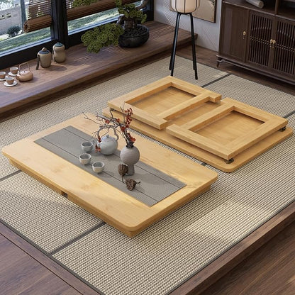 OETPJM Japanese Floor Table, Bamboo Folding Coffee Table, Portable Solid Wood Japanese Tatami Tea Table Table, No Assembly Japanese Dining Table for Sitting on The Floor, Easy Storage (Natural)
