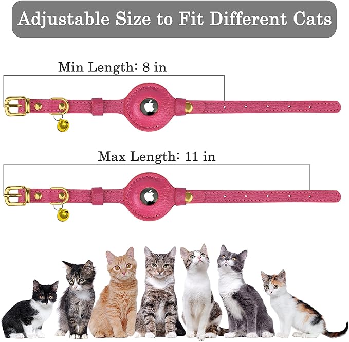 OOPSDOGGY Leather AirTag Cat Collar with Bell - Non Breakaway Kitten Collar with Apple Air Tag Holder - Lightweight GPS Pet Collars for Girl Boy Cats, Small Dogs, Puppies (Pink)
