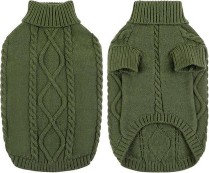 Queenmore Small Dog Pullover Sweater, Cold Weather Cable Knitwear, Classic Turtleneck Thick Warm Clothes for Chihuahua, Bulldog, Dachshund, Pug (Army Green, Small)