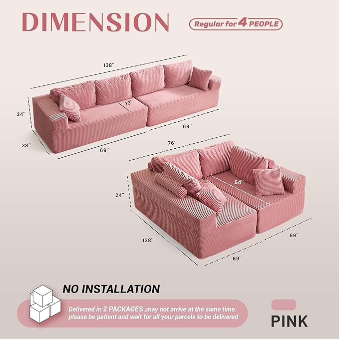 138" Modular Sofa Memory Foam Sectional Couches for Living Room, Sleeper Sofa Bed, Corduroy, Pink