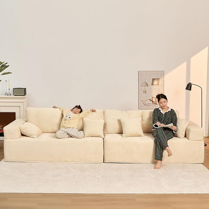 138" Modular Sofa Memory Foam Sectional Couches for Living Room, Sleeper Sofa Bed, Corduroy, White