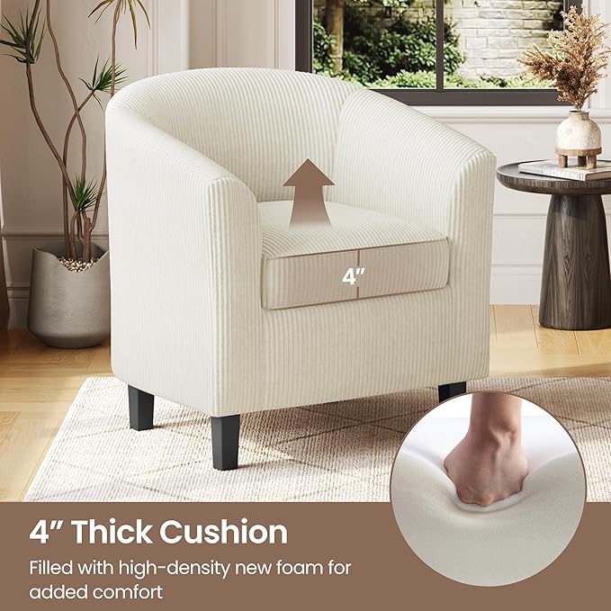 Yaheetech Corduroy Barrel Chair, Upholstered Club Accent Chair, Round Armchair with Soft Cushion for Living Room Bedroom Reading Waiting Room, Beige