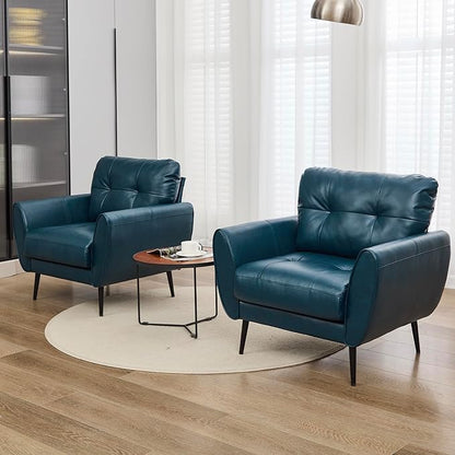 TYBOATLE Accent Chairs Set of 2, Comfy Modern Living Room Blue Faux Leather Reading Accent Chairs Tufted Mid Century Arm Chair Small Salon Chair for Office Bedroom (2, Blue)