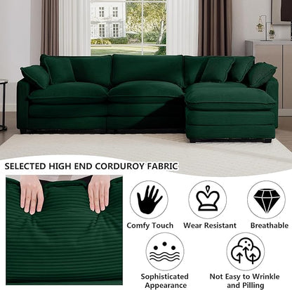 Aoowow Corduroy 3 Seater Cloud Couch with Ottoman,Modern Cloud Couches for Living Room,Modular Sectional Cloud Sofas with Deep Seat,Oversized Tufted L-Shaped Sofa Set. (Green, 3 Seater + 1 Ottoman)