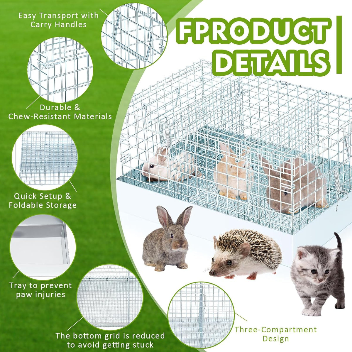 Folding Rabbit Cage, 18 x 12 x 10 in Portable Bunny Carrier with Tray and Handles for Transport, Travel or Temporary Housing, Indoor Outdoor Pet Habitat Animal Enclosure