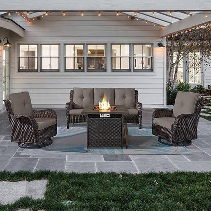 Belord Outdoor Patio Furniture Set with 50000BTU Propane Fire Pit Table, 4 Pieces Wicker Patio Conversation Set with 2 Swivel Rocker Glider Chairs Rattan Sofa Grey Cushion Perfect for Gathering