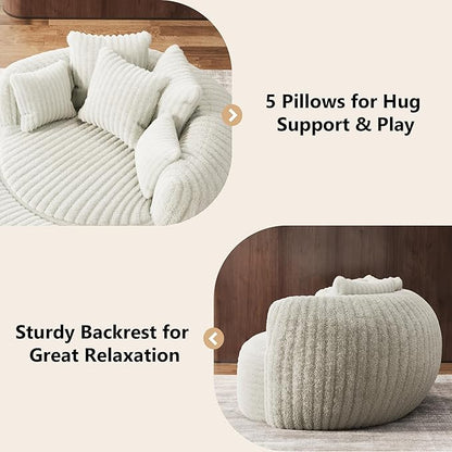 Oversized Chaise Lounge Chair Indoor with Ottoman 50.5" W x 67.0" D Round Soft Corduroy Comfy Oversized Reading Chair with 5 Pillows for Living, Reading Room - Beige White
