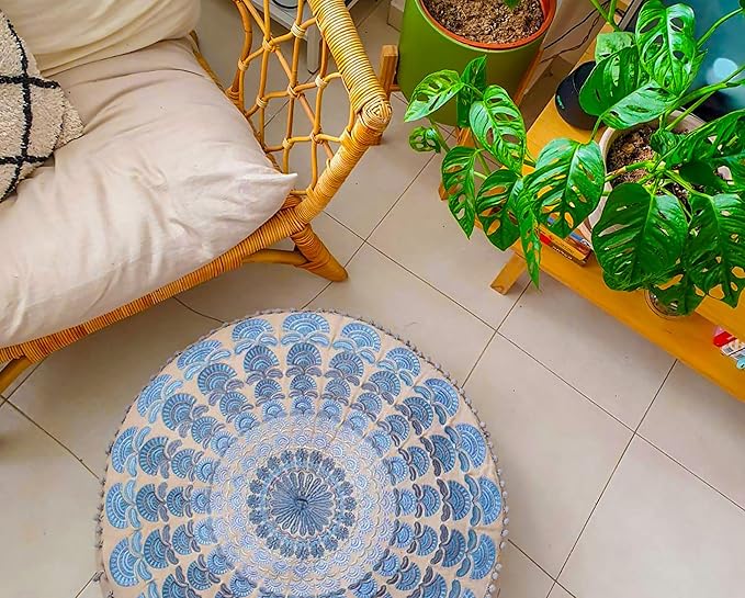Large Round Floor Pillow Cover Blue Indian Décorative Accent Meditation Cushion Perfect for Living Room, Bedroom, Nursary or Children Room Seating Area Stool Footstool Pouf Ottoman 24x8 Unstuffed