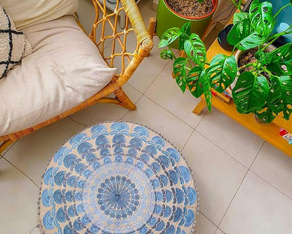 Large Round Floor Pillow Cover Blue Indian Décorative Accent Meditation Cushion Perfect for Living Room, Bedroom, Nursary or Children Room Seating Area Stool Footstool Pouf Ottoman 24x8 Unstuffed