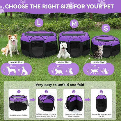 Siedihit Large Dog Playpen, Puppy Pet Playpen Indoor, Dogs Tent Crates Cage | Indoor/Outdoor, Portable Pop Up Dog Kennel Playpen with Carrying Case for Dogs/Cats/Rabbits, Purple