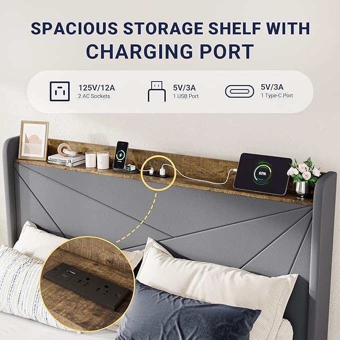 Allewie Full Size Velvet Bed Frame with 3 Storage Drawers, Upholstered Platform Bed with Wingback Storage Headboard and USB Ports, No Box Spring Needed, Easy Assembly, Grey
