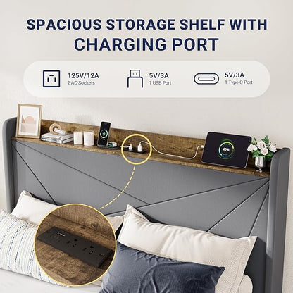 Allewie Full Size Velvet Bed Frame with 3 Storage Drawers, Upholstered Platform Bed with Wingback Storage Headboard and USB Ports, No Box Spring Needed, Easy Assembly, Grey