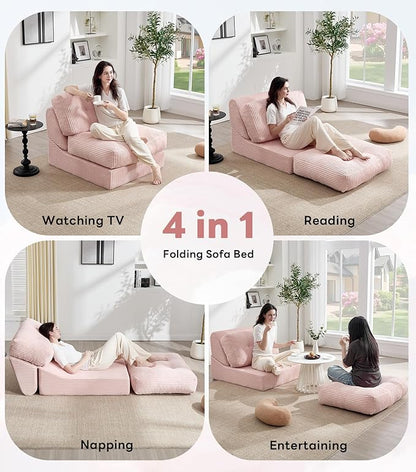 Tbfit 35.8'' Folding Sofa Bed, Convertible Sleeper Chair with Large Pillow, Corduroy Folding Couch Bed, Portable & Foldable Mattress Boneless Floor Single Sofa for Living Room, Bedroom, Office, Pink