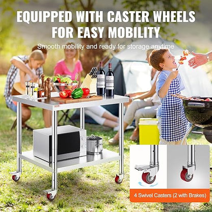Vevor 30x36x34 Inch Stainless Steel Work Table 3-Stage Adjustable Shelf with 4 Wheels Heavy Duty Commercial Food Prep Worktable with Brake for Kitchen Prep Work : Everything Else