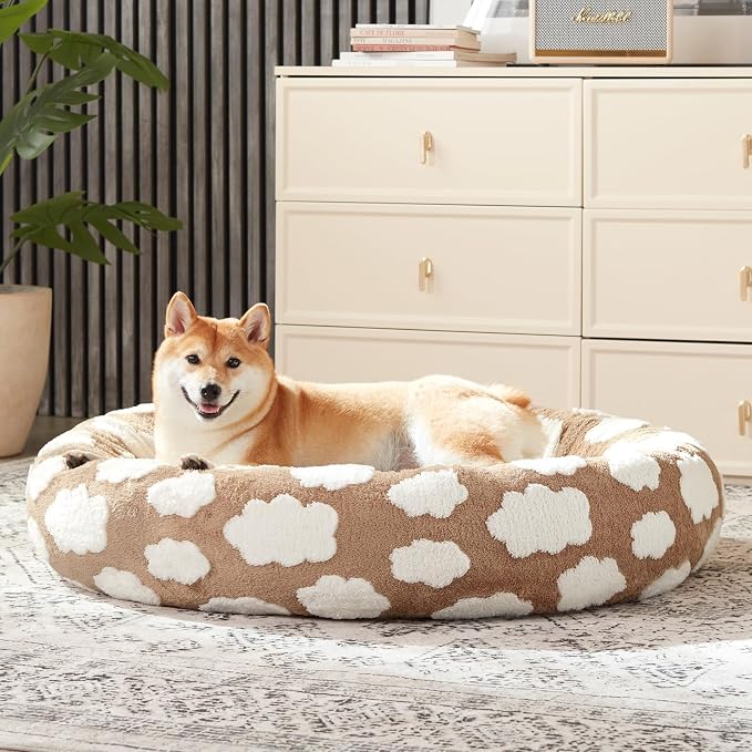 JOEJOY Jacquard Donut Round Dog Beds Medium Sized Dog,Brown 30x30x8in, Removable Washable Cover, Cute Pattern, Ultra Soft Fluffy Calming Pet Bed with Thick Supportive Bolster